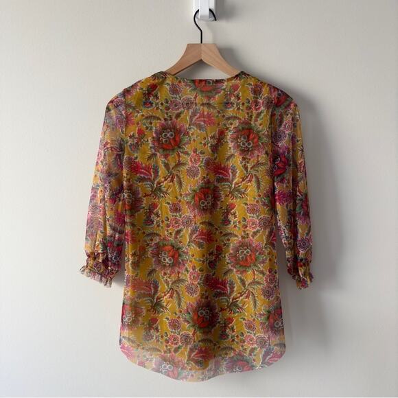 Anthropologie Chiffon Button Up Front 3/4 sleeve top floral stretch layered XS - Picture 2 of 10